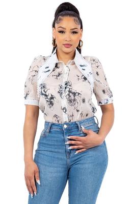 FLORAL PRINT PEARL COLLARED BUTTON DOWN SHIRTS
