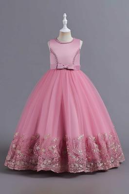 Girls Long Embroidered Puffy Tulle Formal Dress