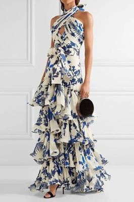 Tie Waist Floral Print Dress with Large Hem