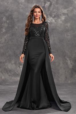 Womens Black Sequin Round Neck Evening Ball Gown
