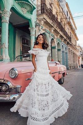 Off-Shoulder Ruffled Hollow Lace Flared Dress