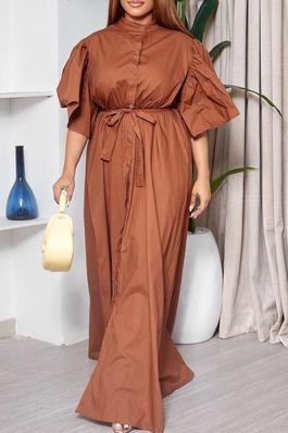Bell Sleeve Single-Breasted Belted Loose Dress
