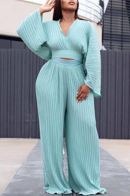 Loose Pleated V-Neck Top and Wide-Leg Pants Set