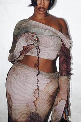 Printed Long Sleeve Drawstring Top and Skirt Set
