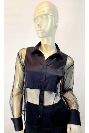 mesh and satin button up blouse