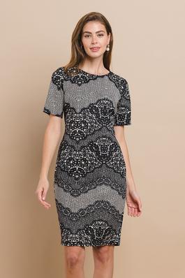 Lace print shift formal mini dress