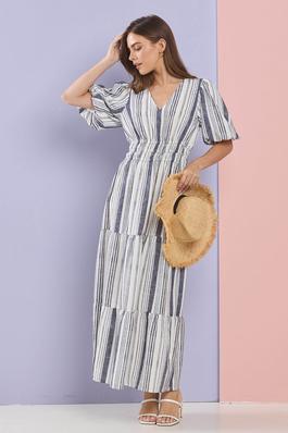Multi stripe puff sleeves relaxed woven maxi dress