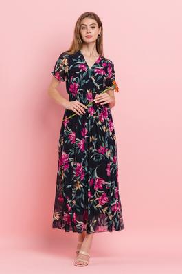 Vintage floral wrapped front mesh flare maxi dress