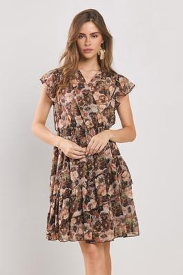 Moody floral dialog ruffles chiffon mini dress