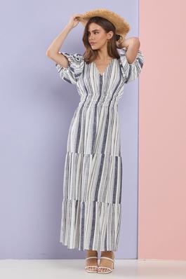 Multi stripe puff sleeves relaxed woven maxi dress