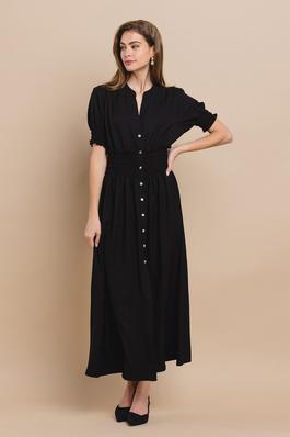 Solid button down mock neck twill maxi dress