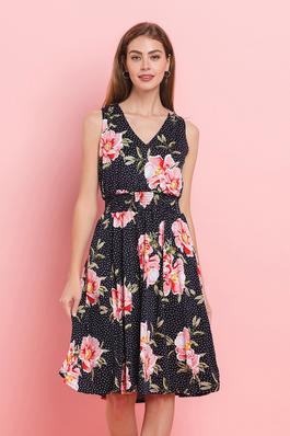 Big flowers and dots casual flare midi dress