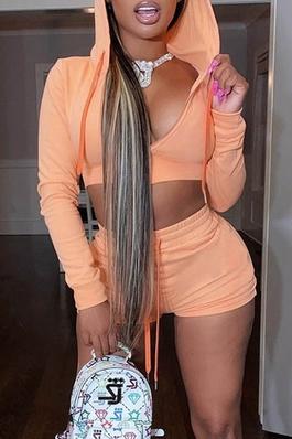 Solid Colour Hooded Long Sleeve Shorts Set