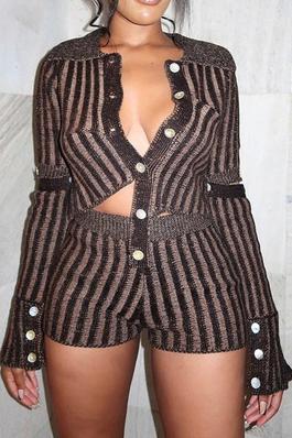 Button Up Long Sleeve Striped Top and Shorts Set