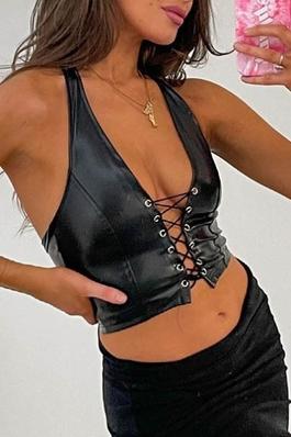 Neckless Backless Lace-Up PU Tank Top
