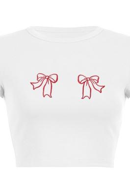 Red Butterfly Bow Print Short Pullover Top for Women