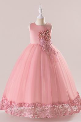 Middle and older children's dresses princess dress flat-tailed appliqué splicing mesh long dresses