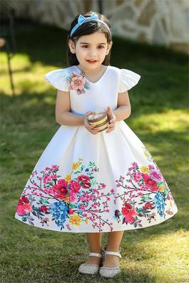 Children's Gowns Bow Printed Puffy Dresses