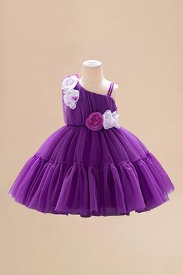 Small and medium children slant shoulder three-dimensional flowers mesh dress skirt