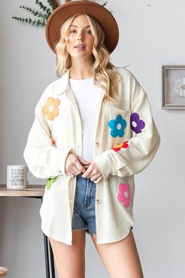 Oversized Flower Patch Button-Up Jacket