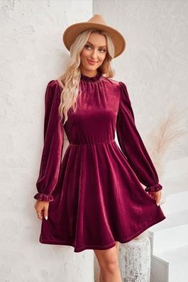 Women's High Neck Velvet Solid Color Waist Dress
