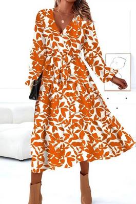 Women's Leaf Print Chiffon V-necv Dress Long Sleev