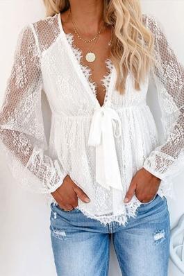 Womens V Neck Crochet Lace Tops Casual Blouse