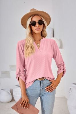 Women V-Neck Seven-Point Sleeve Button Loose T-Shi