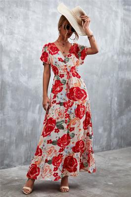 Women's V Neck Short Sleeve Floral Midi Dress