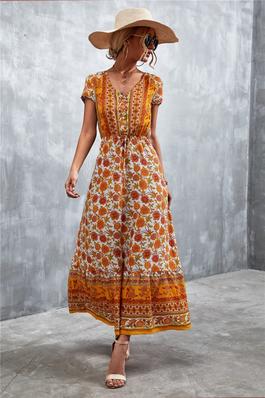 Women's Floral Print Dress V Neck Short Sleeve