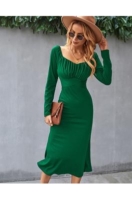 Women Solid Ruched Dress Long Sleeve Dresses