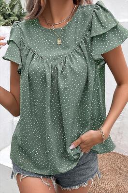 Women-Dotted Ruffle Sleeve Crew Neck Ruched Blouse