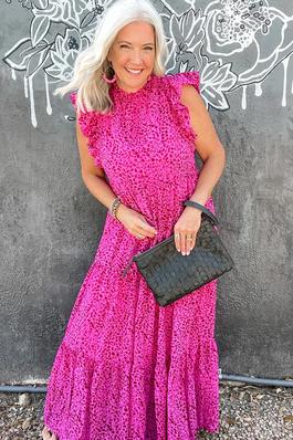 Women Leopard Print Ruffled Trim Tiered Maxi Dress