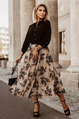 Women Leaves Embroidered High Waist Maxi Skirt
