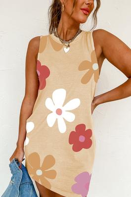 Women Apricot Daisy Flower Print Tank Dress