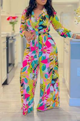 Printed Two-Piece Set with Tie-Waist Shirt and Wide-Leg Pants