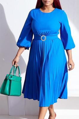 Solid Color Pleated Waist Crew Neck Dress