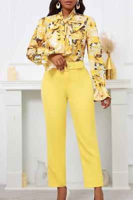 Printed Tie Long Sleeve Top and High Waist Trousers Set
