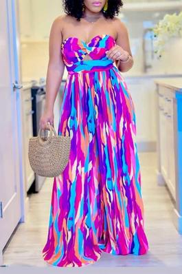 Printed Strapless Off-Shoulder Pleated Wide-Leg Jumpsuit