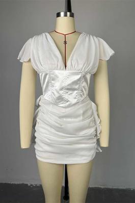V-neck short-sleeve spliced waisted pleated short dress