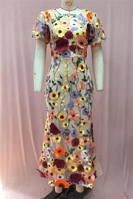 Hip Wrap Fishtail Dress Round Neck Embroidery Stereoscopic Flower Bubble Sleeve Midi Dresses