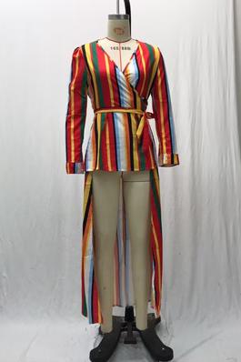 Rainbow Striped Deep V Slim Front Short Back Long Jacket Dresses