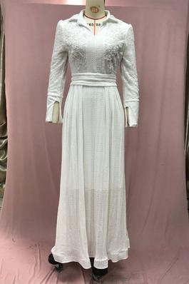 White Front Beaded Flower Lace Yarn Long Sleeve Slim Dress