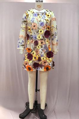 Cubic Flower Mesh Lace Embroidery Wrap Hip Slim Dresses