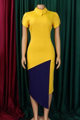 Asymmetrical Off-Shoulder Short Sleeve Color Block Dress