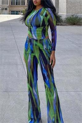 Printed Skinny Round Neck Pleated Long Sleeve Top High Waisted Flared Pants Set