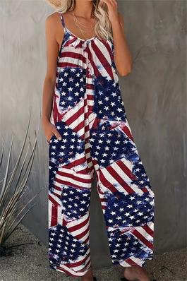 Independence Day Print Ruched Strap Wide Leg Jumpsuit