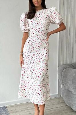Printed Floral Dress Slim Waist Dress Bubble Sleeve