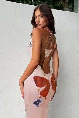 Halter Print Slimming Backless Hip Wrap Dress