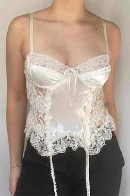 Lace Patchwork Lace Corset Camisole See Through Bow Mesh Bottom Tank Top